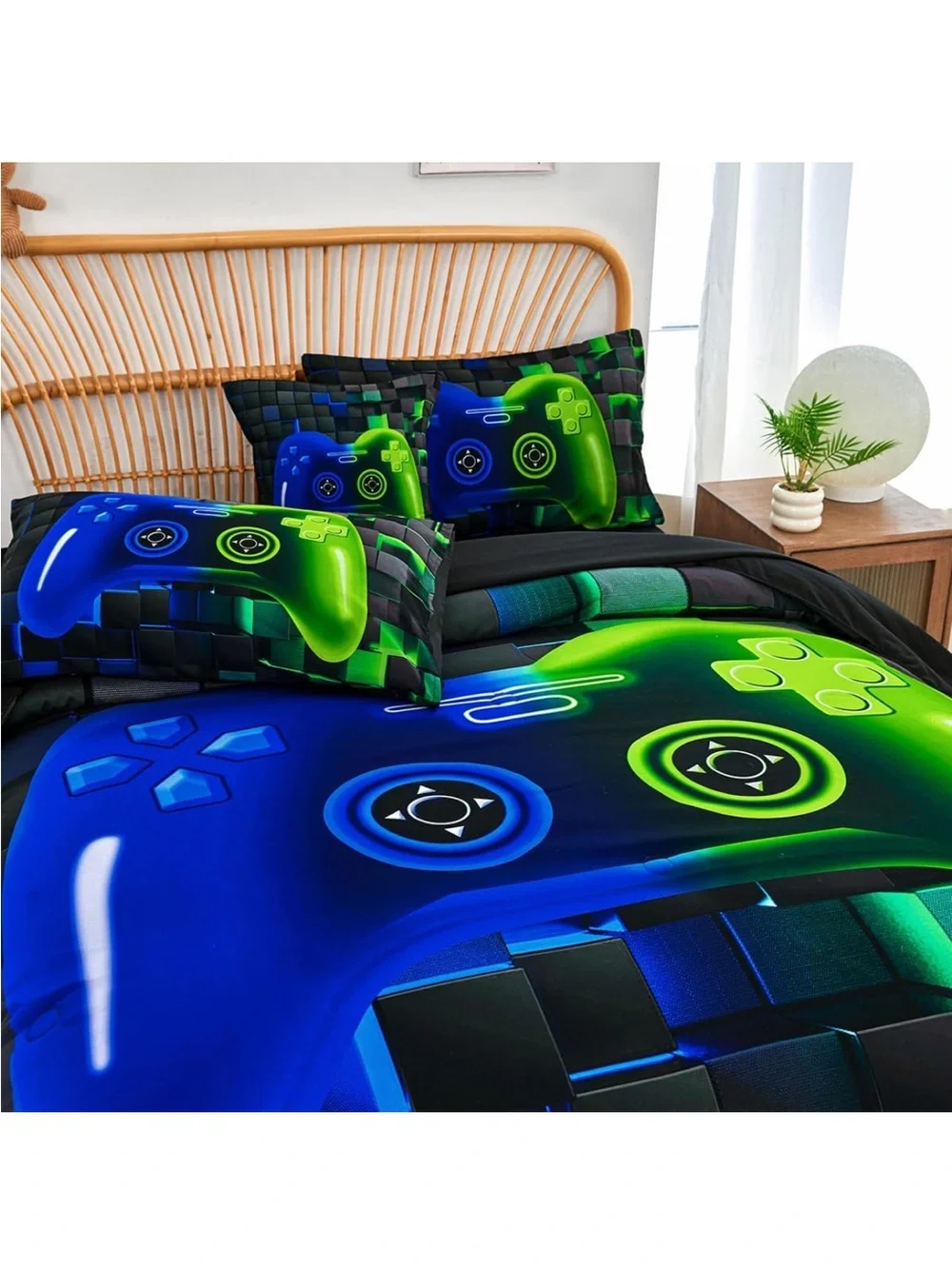 Neon Blue & Green Gamer Controller Comforter Set - Youth Bedding